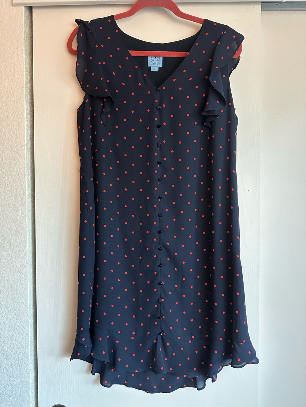 CeCe Navy Midi Dress with Red Polka Dots